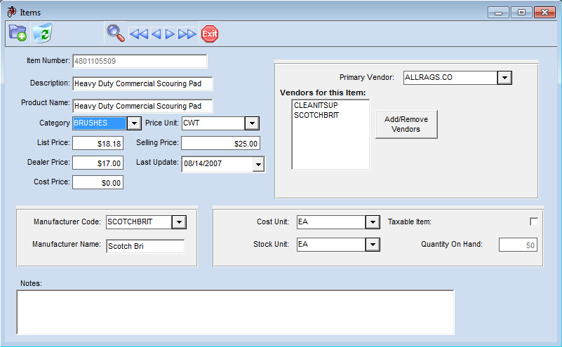 Inventory Manager Items Detail Screen