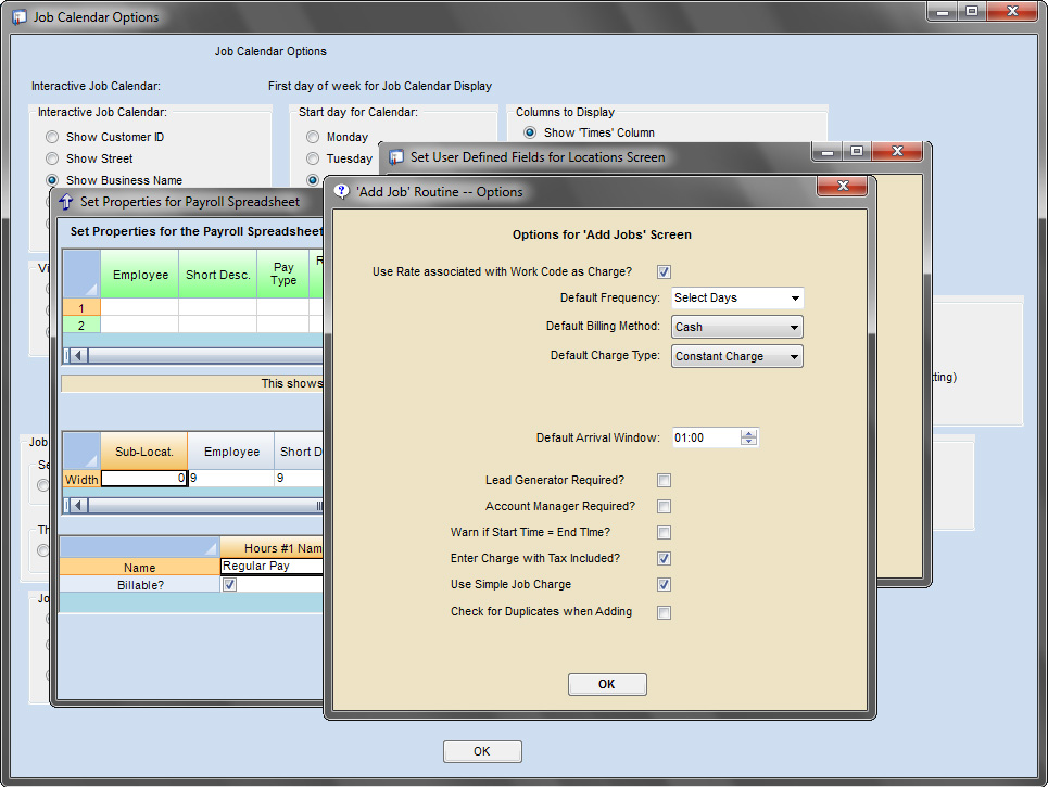 Job calendar user-defined options screen